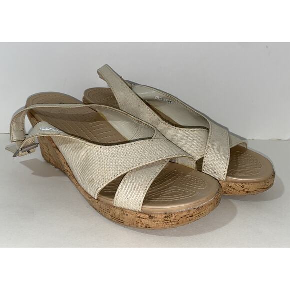 Crocs Womens Leigh Slingback Wedge Sandals Natural Canvas Sz 10 - Picture 1 of 7